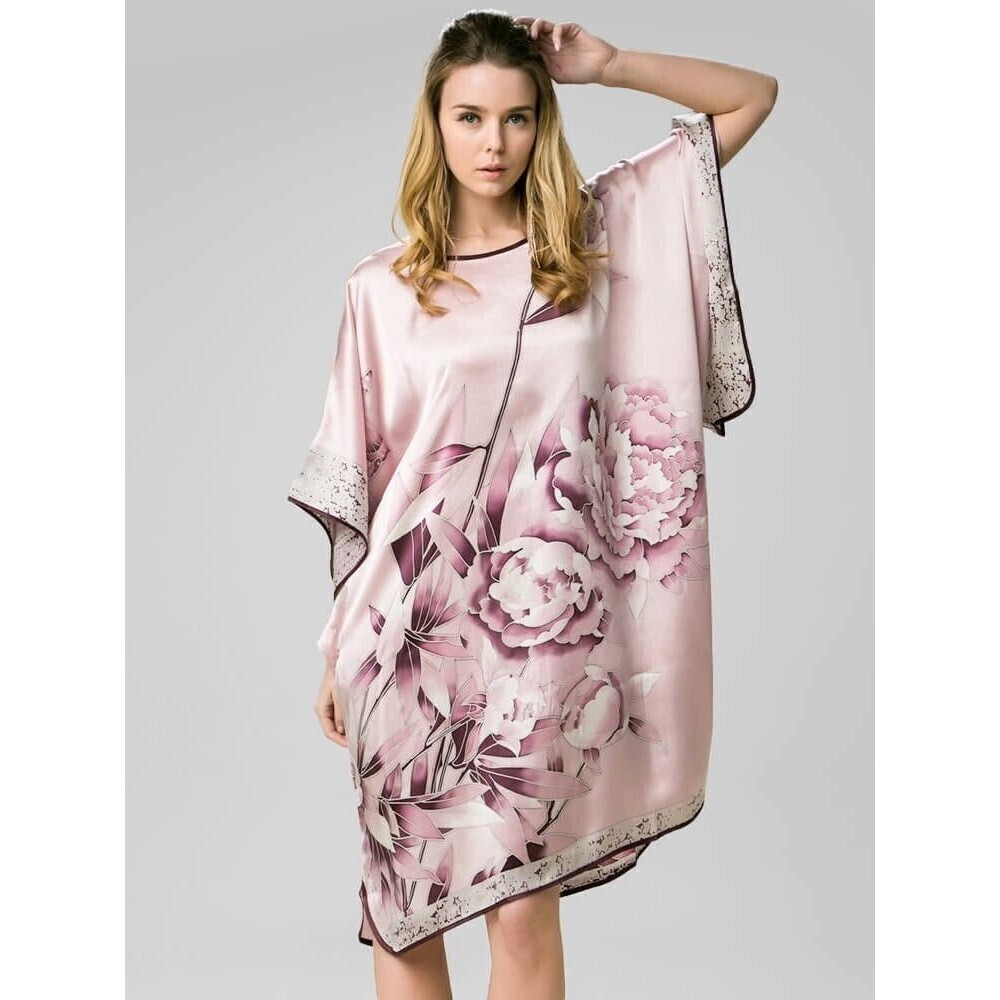 NWT Freedom Silk‎ Peony Printed Rosy Pink Silk Kaftan With Trimming L Boat Neck